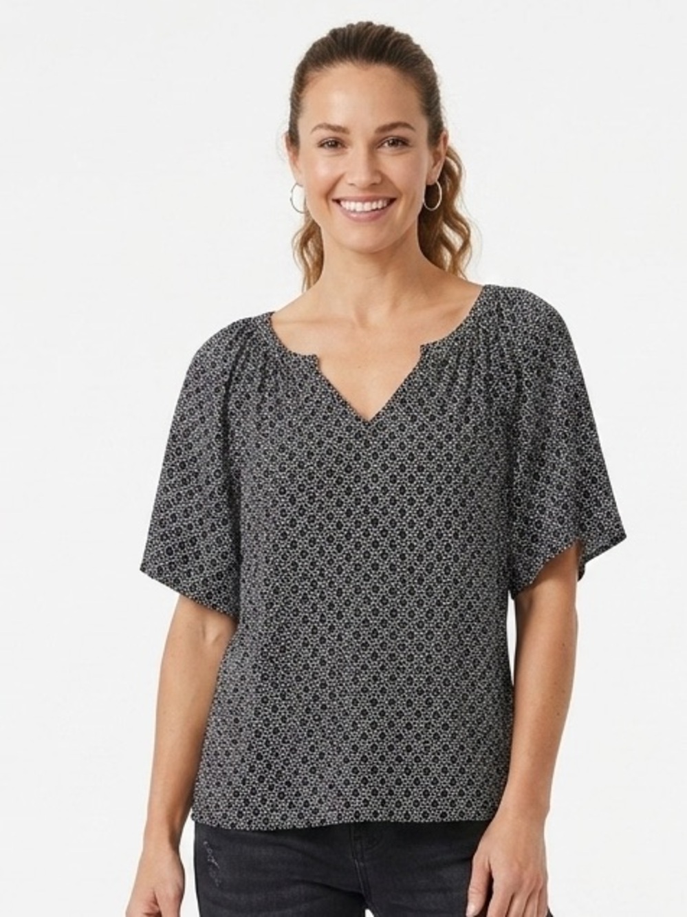 Tommy Bahama Black White Geometric Print Split Neck Rayon Top Medium Boho